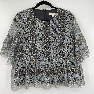 Anthropologie Mignon Doo Women's Embroidered Flower Lace Overlay Black Top M